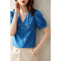 OUNIXUE欧昵雪 | [浪漫百搭小衫]夏季复古V领拼接木耳边泡泡袖设计感上衣女