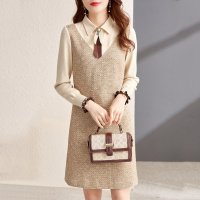 OUNIXUE欧昵雪 | [彩线混纺粗针织裙]复古翻领拼接假两件修身连衣裙女