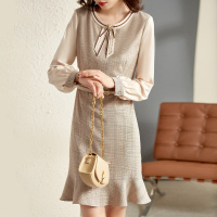 OUNIXUE欧昵雪 | [圆领格纹鱼尾裙]春复古假两件拼接配皮带时尚连衣裙女