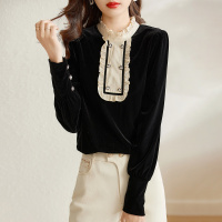 OUNIXUE欧昵雪 | [淑女范小衫]复古木耳边立领丝绒搭片拼接长袖衬衫女