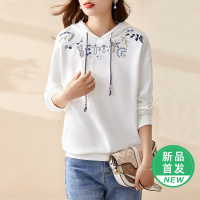 OUNIXUE欧昵雪 | [休闲百搭卫衣]慵懒风绣花抽绳连帽长袖小众套头上衣女