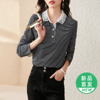 OUNIXUE欧昵雪 | 小众复古镂空领花条纹针织衫女长袖通勤设计感套头上衣