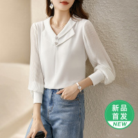 OUNIXUE欧昵雪 | [小众感翻领套头小衫]气质拼接雪纺长袖上衣女纯色衬衫