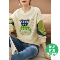 OUNIXUE欧昵雪 | [小熊绣花撞色卫衣]慵懒风圆领长袖韩版套头休闲上衣女