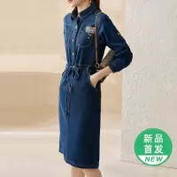 OUNIXUE欧昵雪 | [时尚衬衫式牛仔裙]复古翻领系带中长款小众感连衣裙女