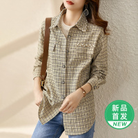 OUNIXUE欧昵雪 | 复古织带拼接翻领格纹衬衫女落肩长袖通勤休闲小众感上衣
