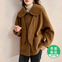 OUNIXUE欧昵雪 | [领带装饰呢子大衣]秋冬季浪漫减龄翻领口袋宽松毛呢外套女