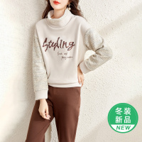 OUNIXUE欧昵雪 | 冬季半高领撞色拼接假两件长袖上衣字母珠片半高领加绒卫衣女