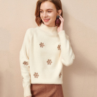 OUNIXUE欧昵雪 | 冬季针织衫仿貂毛长袖上衣圣诞宽松不规则半高领套头女式毛衣