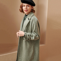 OUNIXUE欧昵雪 | 冬装气质翻领长袖上衣人字纹毛呢大衣女中长款保暖呢子外套女