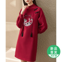 OUNIXUE欧昵雪 | 冬季中国风绣花抓绒卫衣连衣裙女半高领长袖短裙复古盘扣裙子