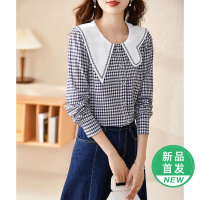 OUNIXUE欧昵雪 | [复古格子衬衣]春温柔感不对称绣花翻领衬衫小众上衣女