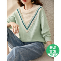 OUNIXUE欧昵雪 | [时尚套头撞色卫衣]春清新花边拼接落肩长袖百搭上衣女