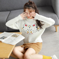 唐狮毛衣女刺绣2017秋冬新款圆领套头绣花学生