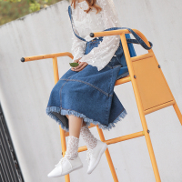 唐狮秋装新款背带裙女A型背带裙毛边牛仔裙中长裙