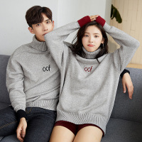 唐狮情侣高领毛衣秋冬翻领男女字母毛衫套头针织衫学生潮宽松韩版