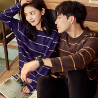 唐狮秋冬情侣装毛衣男女韩版圆领薄款拼接条纹针织衫毛衫男潮