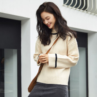 唐狮2017秋冬装新款女毛衣套头半高领撞色毛衫针织衫长袖宽松上衣