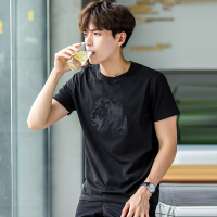 唐狮2017夏装新款短袖T恤男士青少年暗色刺绣圆领狮子图案上衣潮