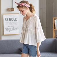 唐狮2018新款衬衫女宽松V领喇叭袖衬衫原宿百搭清新女上衣