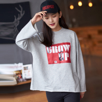 唐狮2018新款T恤 女宽松方块字母印花长袖T恤