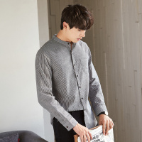 唐狮2018条纹衬衫男春季复古港风衬衣青少年立领宽松长袖寸衫韩版