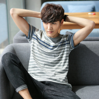 唐狮夏季条纹短袖T恤男圆领体恤韩版潮流青少年衣服修身半袖上衣