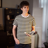 唐狮2018夏季新款短T恤男韩版条纹胸口绣花