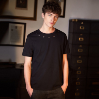 唐狮2018夏装新款短袖T恤男圆领领口装饰青年修身纯棉打底衫上衣