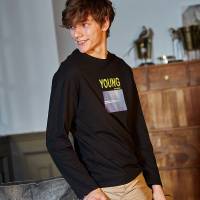 唐狮2018新款体恤男街头风印花长袖T恤字母纯色黑色上衣潮流行帅