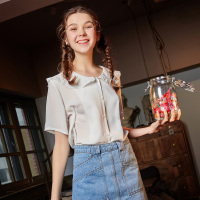 唐狮2018夏新款合体型木耳边娃娃领雪纺短袖衬衫