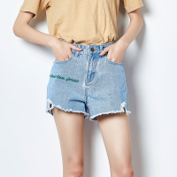 唐狮2018新款夏季牛仔短裤女高腰破洞牛仔短裤韩版毛边显瘦绣字女