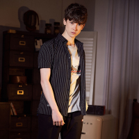 唐狮2018夏季条纹衬衫男短袖青年港风寸衫潮男文艺学生衬衣韩版潮