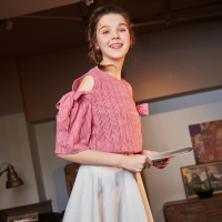 唐狮2018夏装新款衬衫女小宽松露肩圆领格子衬衫韩范甜美上衣清新