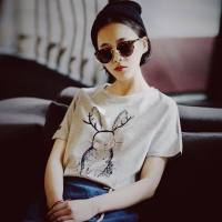 唐狮夏装女纯棉圆领短袖T恤女宽松上衣女印花图案T恤女白色T恤女