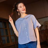 唐狮2018夏装新款衬衫女小宽松条纹喇叭袖衬衫简约小清新文艺