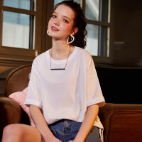 唐狮2018夏装短袖T恤女拼接圆领纯色体恤宽松夏装青年潮衣服