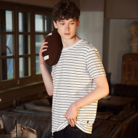 唐狮2018夏装新款短袖T恤男圆领潮流细条纹青少年学生修身打底衫