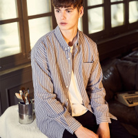 唐狮复古竖条纹衬衫男长袖青少年日系宽松条纹衬衣秋季新款潮
