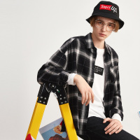 唐狮2018秋季黑白格纹衬衫男青少年长袖衬衣潮男宽松外穿寸衫外套
