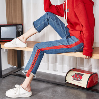 唐狮2018秋新款时尚休闲九分裤韩版阔腿裤学生直筒毛边牛仔裤女