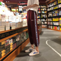 唐狮加厚加绒运动裤女秋宽松2018新款冬季哈伦休闲裤子女红色束脚