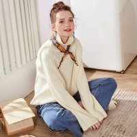 唐狮2018新款秋冬季女毛衣套头宽松慵懒风百搭白色针织衫高领线衫