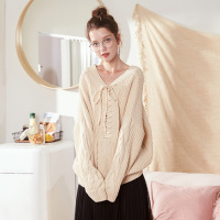 唐狮2018新款秋季女毛衣套头宽松甜美V领上衣粗针露背针织衫外套