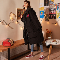 唐狮羽绒服女2018年新款中长款韩版潮流时尚过膝加厚外套女黑色