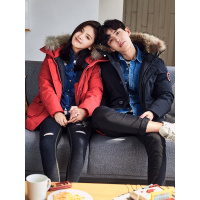 唐狮情侣装羽绒服男中长款2018冬装新款工装连帽加厚外套韩版潮流