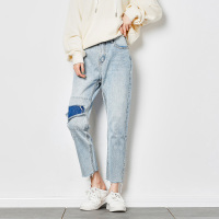 唐狮红牛仔裤女秋高腰2018新款破洞怪味少女直筒韩版宽松哈伦浅