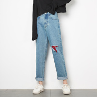 唐狮红牛仔裤女秋高腰2018新款破洞怪味少女直筒韩版宽松哈伦