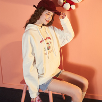 唐狮2018秋冬新款女长袖宽松白色加绒卫衣女连帽韩版加厚卫衣女潮