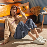 唐狮红牛仔裤女秋高腰2018新款怪味少女直筒韩版宽松哈伦老爹裤